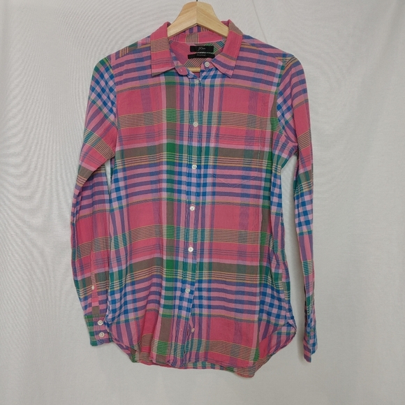 J. Crew Classic-fit Boy Shirt Crinkle Magenta Pink‎ Green Plaid.Button Front 4 - Picture 2 of 9